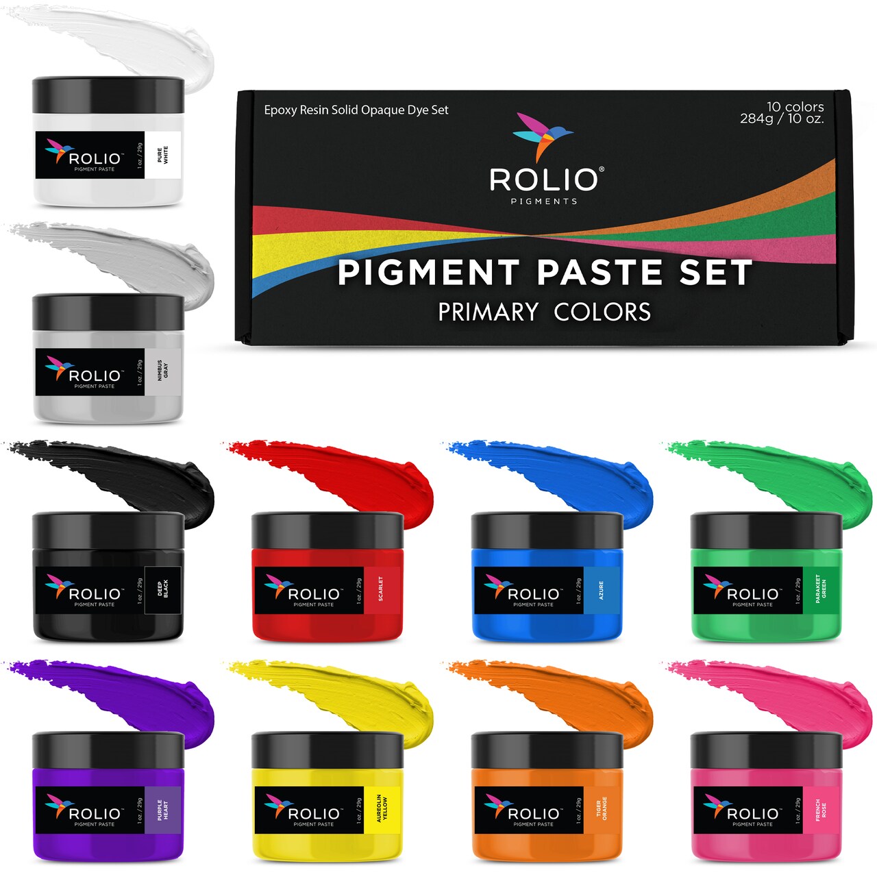Rolio Pigment Paste Set, 10 Solid Colors, 1oz Jars Each - for Epoxy Resin, Resin Pigment, Epoxy Resin Dye Paste, Epoxy Paint, Resin Paste Pigment, Epoxy Resin Color Pigment Paste